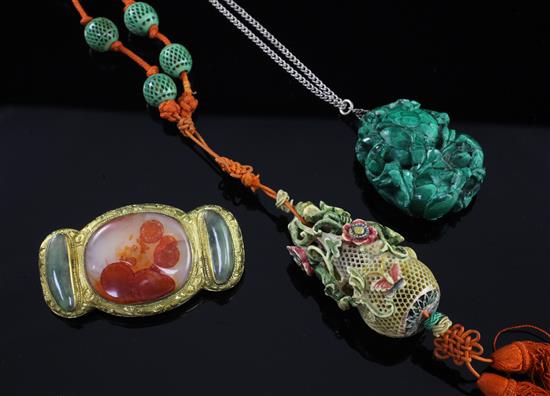 A cricket cage and a silk and ivory bead necklace, pendant & brooch